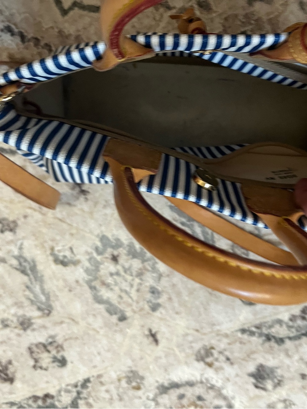 Dooney & Bourke Striped Navy & White Satchel with Tan Leather Handles - Picture 3 of 3